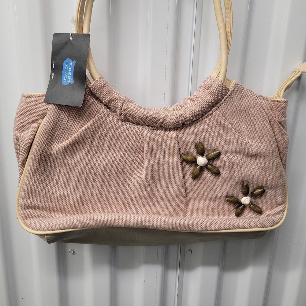 Iber Bolsos Shoulder Bag Womens Medium Mauve Pink Woven Wood Flower Madrid Spain